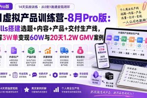 （20096期）AI虚拟产品训练营-8月Pro版-更新：Skills搭建选题+内容+产品+交付生产线，拆解3W单变现60W与20天1.2W GMV案例