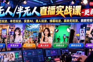 （21072期）无人/半无人直播实战课-10月20更新：纯无玩法、半无玩法、实景AI、真人玩法、绿幕玩法、真转无玩法、麒麟臂摇手等